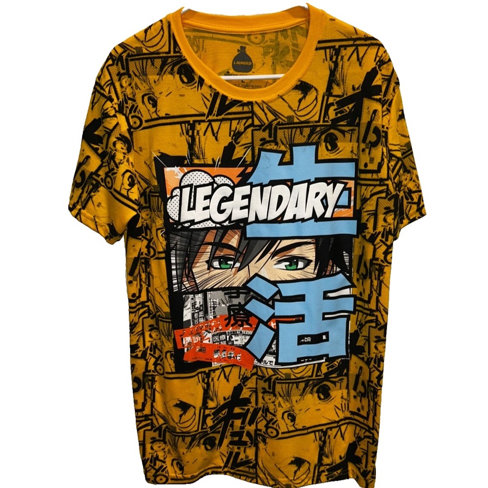Launder Graphic Tee Large Mens Yellow Anime Manga All Over Print Legendary Shirt